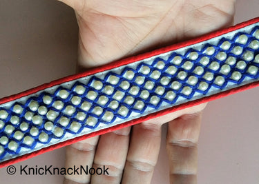 Red / Pink And White Fabric Trim With Blue / Black/ Yellow Embroidery With Off White Pearls, Approx. 40mm Wide - 200317L166 / 67 / 68Trim